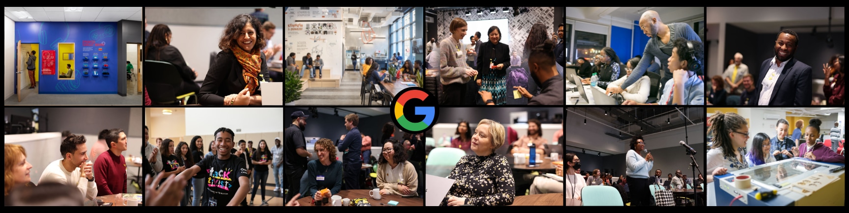 A rectangular image composed of 2 rows of 6 tiles separated by black borders. Each tile contains a photo showing people in a variety different professional or academic contexts. At the intersection of the center 4 tiles is the Google 'G' in red, yellow, green, and blue.