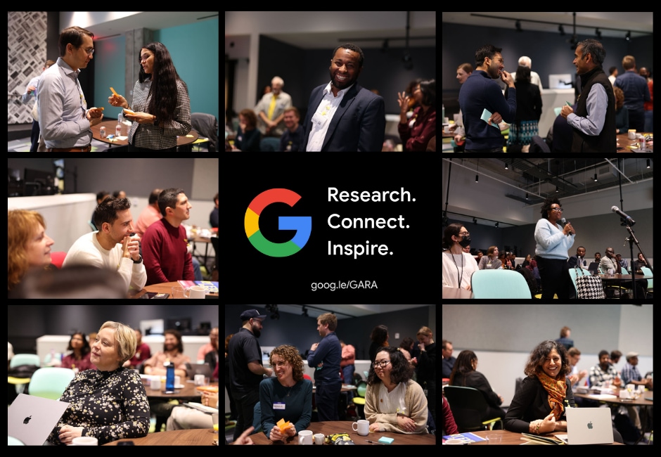 A rectangular image composed of 9 tiles separated by black borders. The outer 8 tiles contain photos of groups of people in a variety of professional or academic contexts. The center tile contains the Google logo against a black background, next to white text that reads 'Research. Connect. Inspire. goog.le/GARA'
